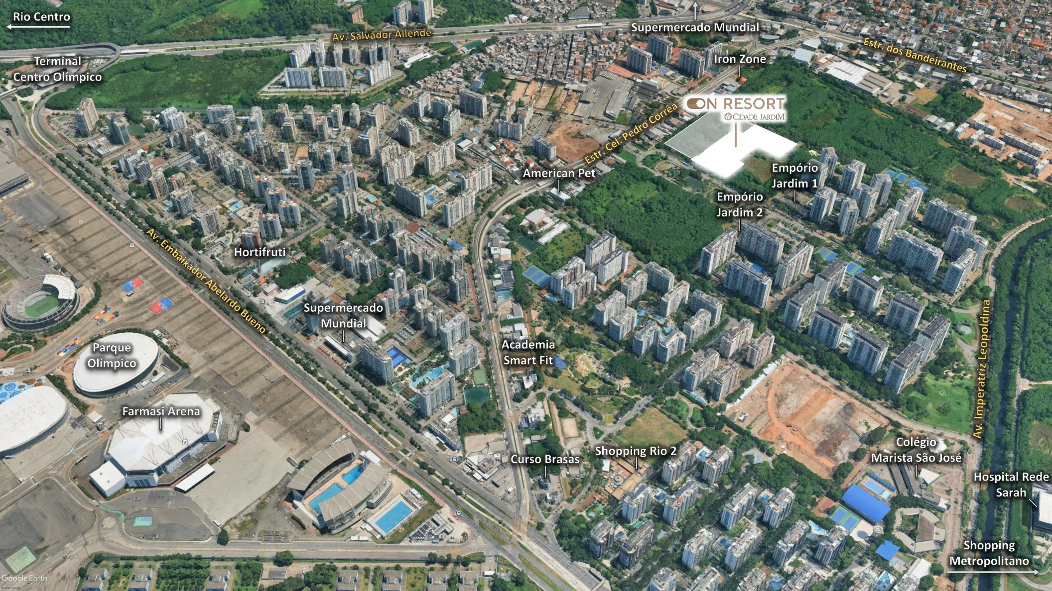 Perspectiva Aérea Oficial do On Resort Cidade Jardim com Pins de Localização (Shoppings, Arenas, Supermercados e Parque Olímpico)